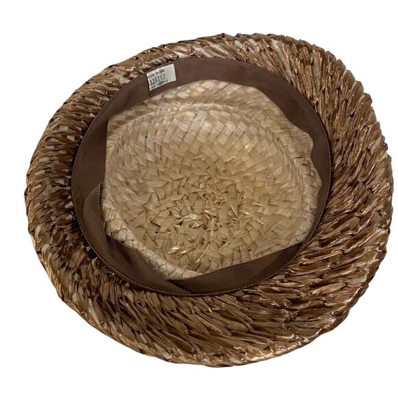 Vintage 50s Women’s Hat Straw Pillbox Fascinator Tan with Satin Ribbon